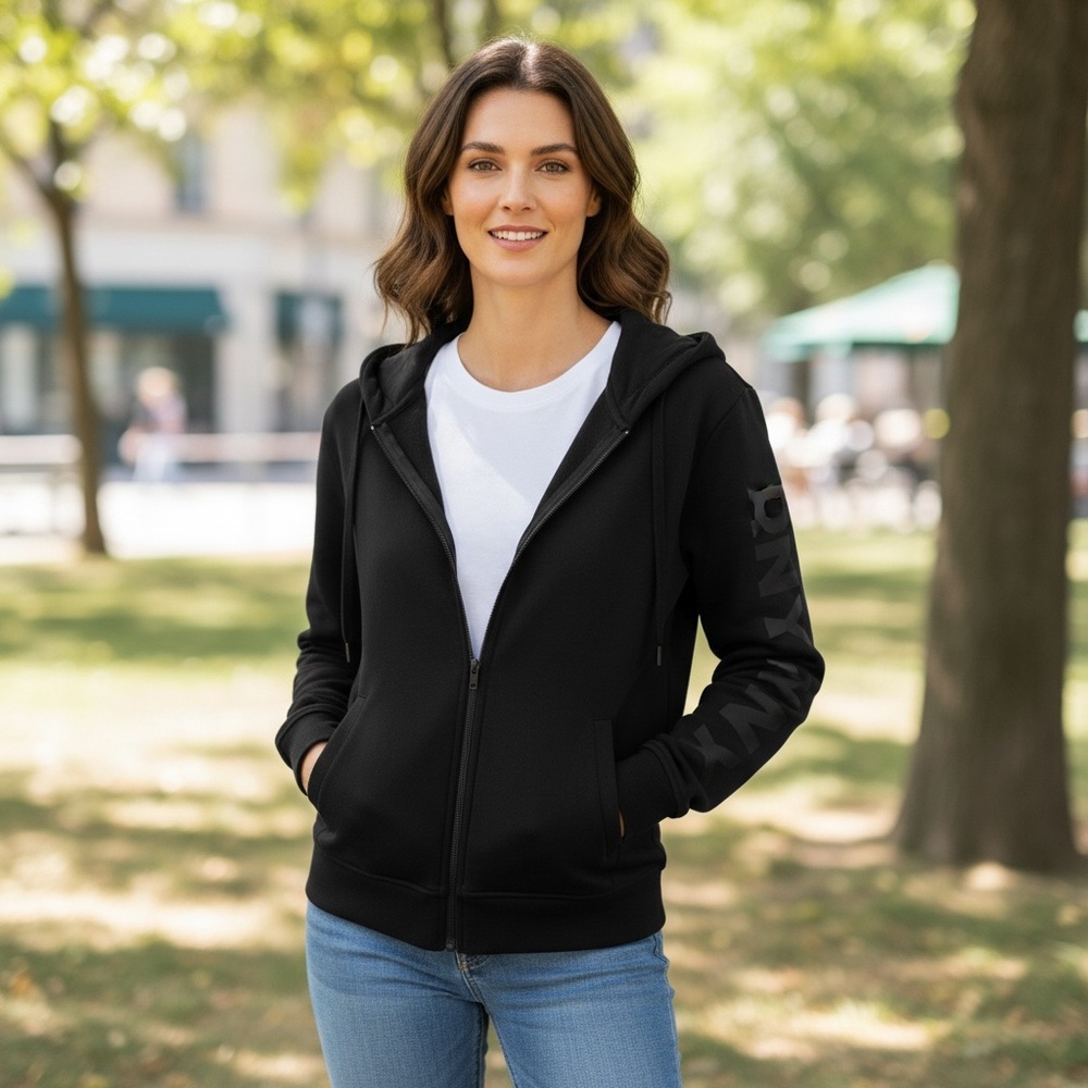 DKNY Sport Jacket Womens Size 2X Black Fleece‎ Full Zip Tonal Logo Sleeve New